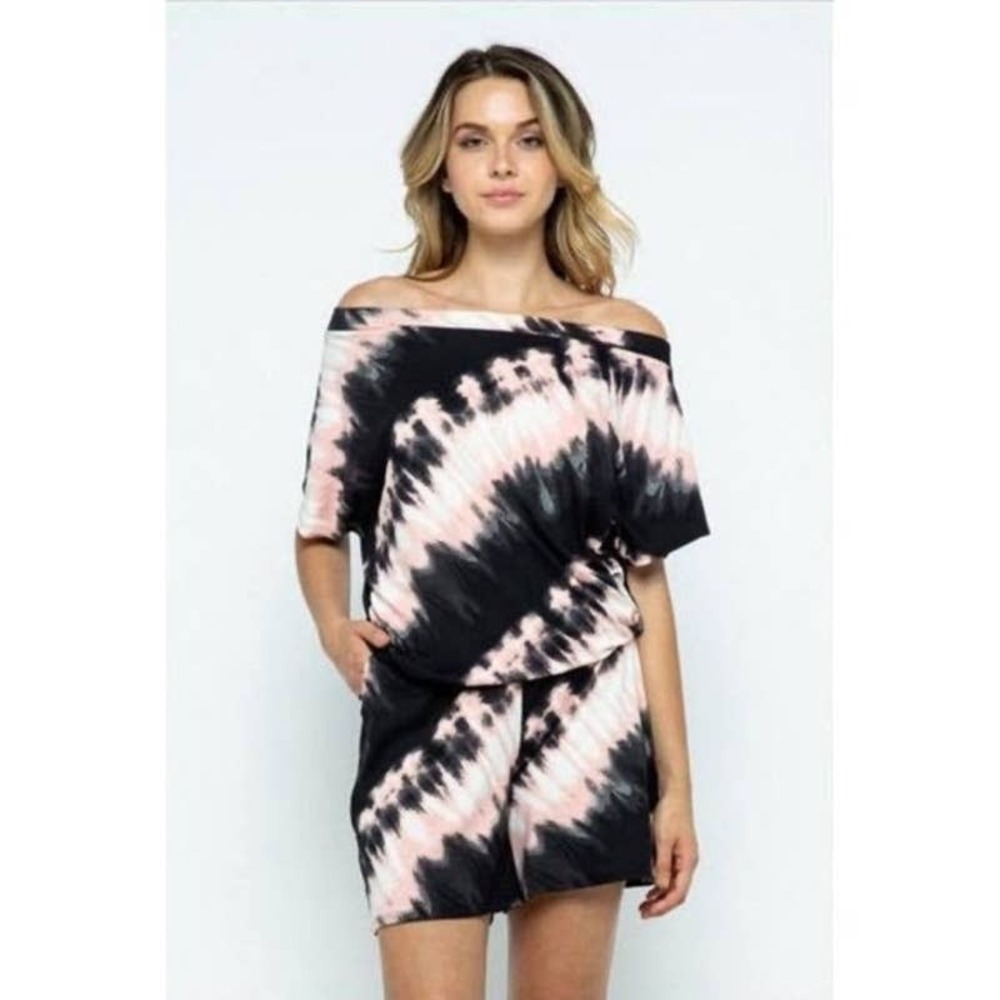 Tie Dye Romper Jumpsuit Off Shoulder Pink Black‎ Casual